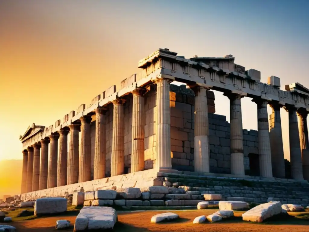 Detalle de fachada de piedra en el antiguo Estadio Olímpico de Atenas al atardecer dorado, resaltando su diseño arquitectónico