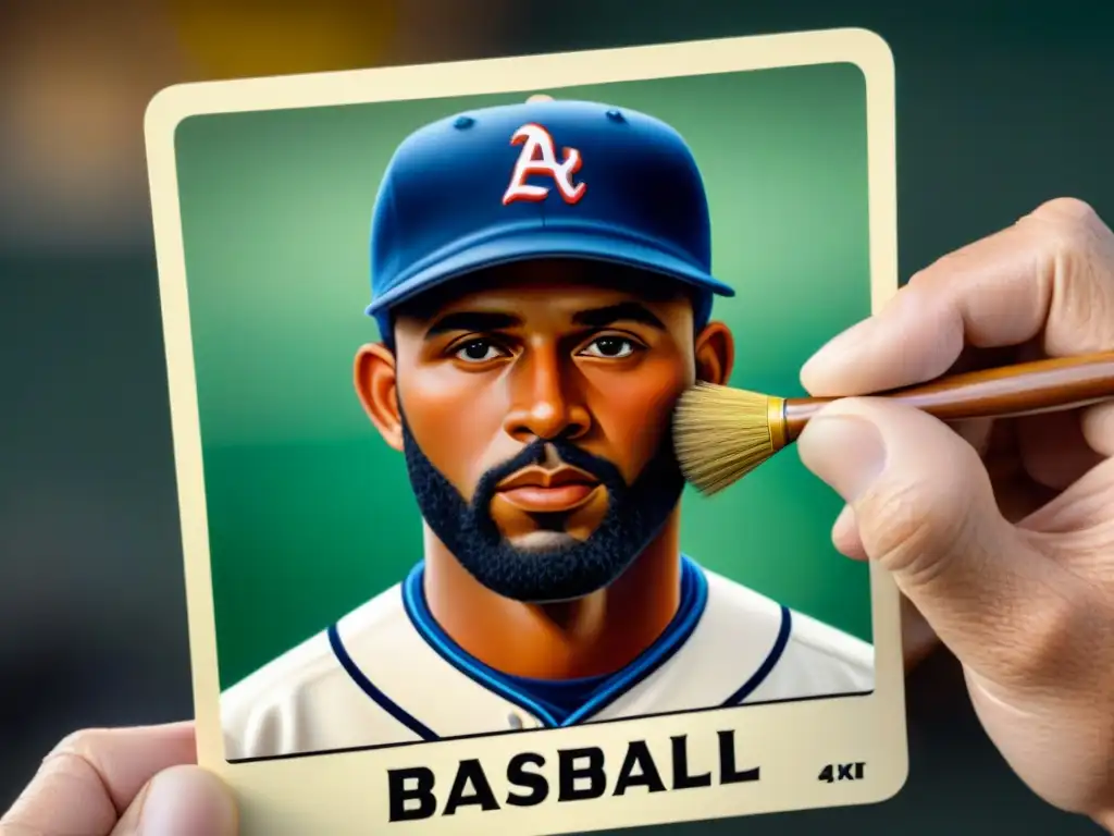 Detalle fascinante de artista pintando retrato en carta de béisbol vintage