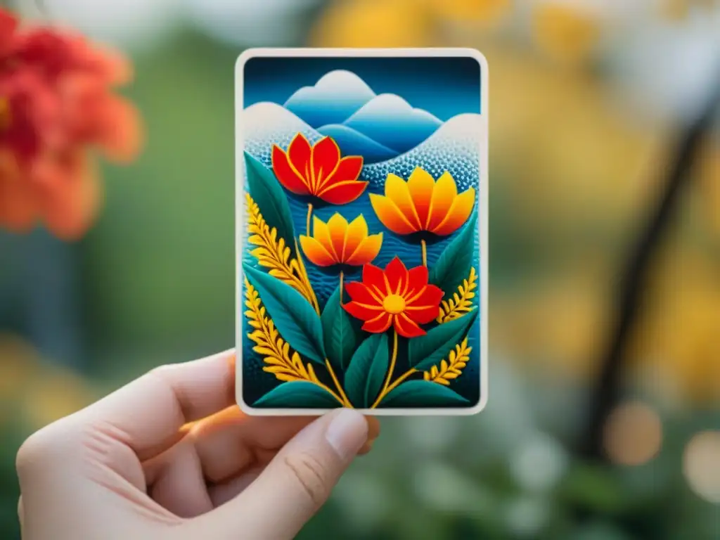 Detalle fascinante de una mano sosteniendo una carta Hanafuda decorada, mostrando patrones florales y colores vibrantes, iluminados suavemente, evocando la historia y evolución de juegos y culturas Hanafuda