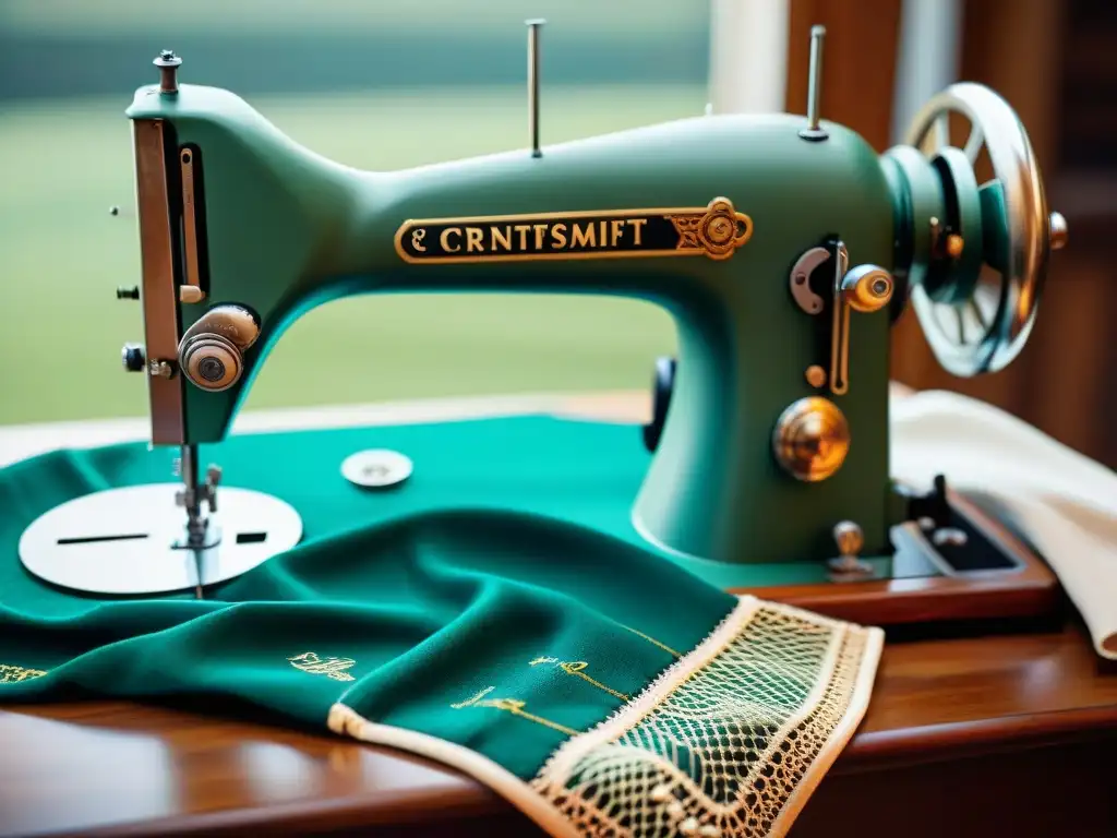 Detalle fascinante de una máquina de coser vintage, creando historia en icónicas camisetas de fútbol