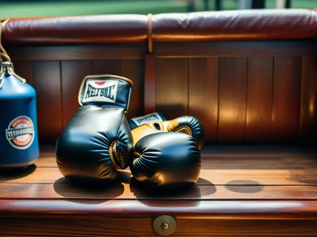 Detalle de guantes de boxeo de cuero desgastados en un vestuario antiguo, evocando la historia de las culturas deportivas