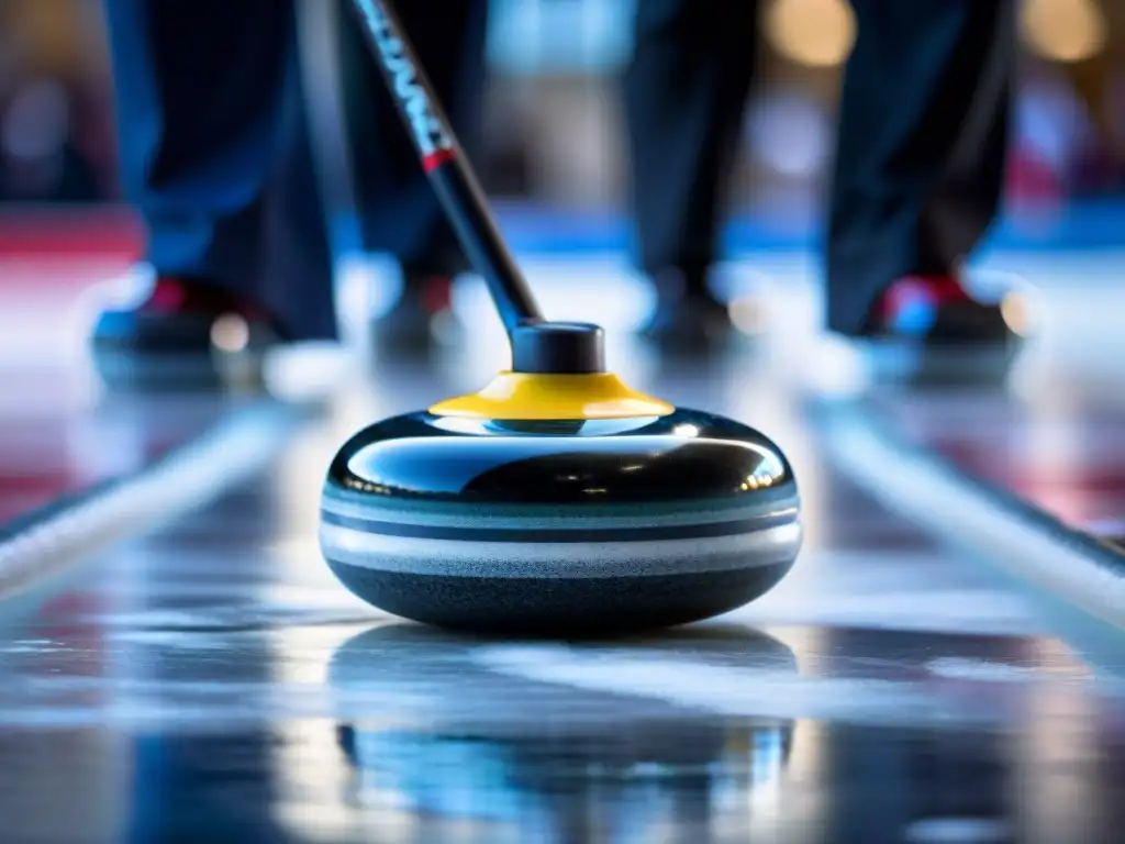 Detalle del curling: piedra deslizándose sobre el hielo, manijas grabadas y jugadores enfocados en acción