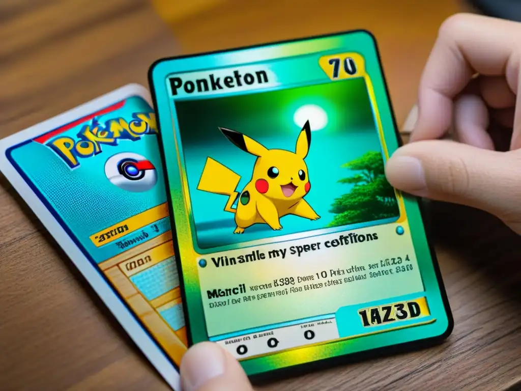 Detalle holográfico en carta Pokémon vintage bajo lupa para detectar falsificaciones juegos coleccionables en madera y luz natural