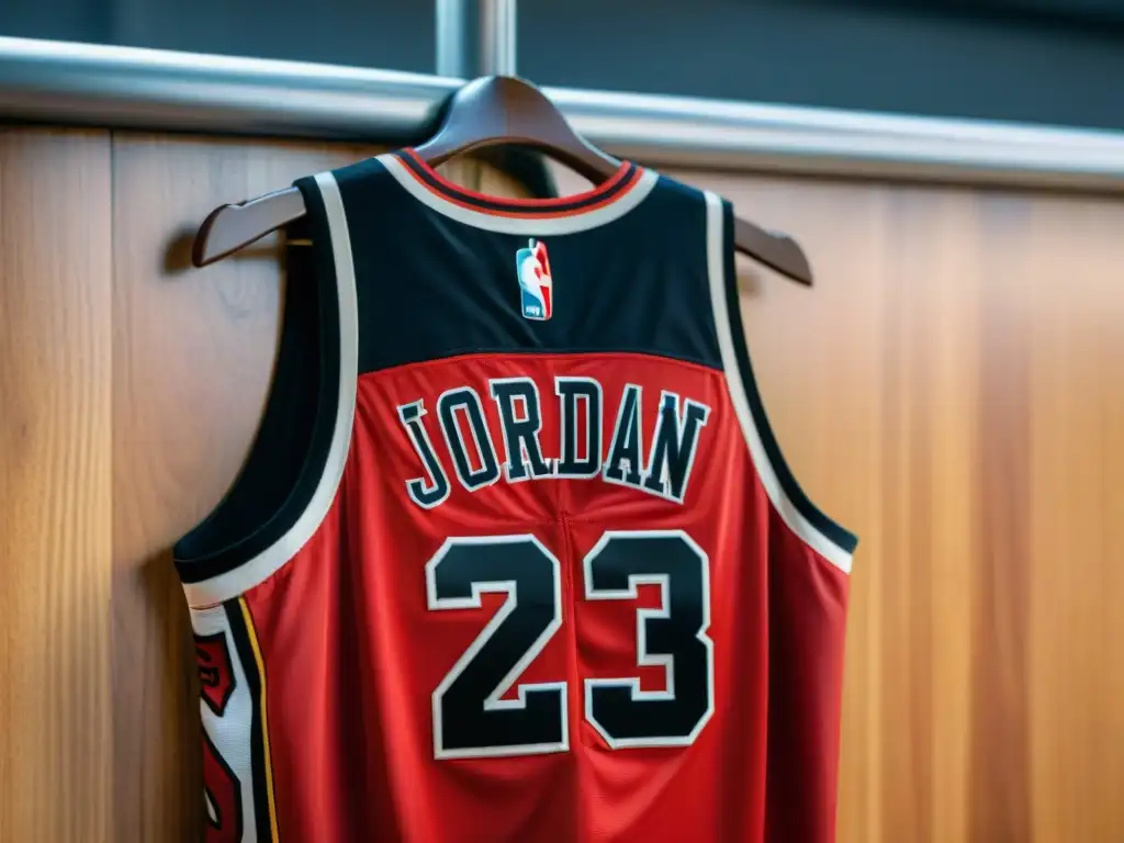 Detalle del icónico jersey número 23 de Michael Jordan de los Chicago Bulls de los 90s en un perchero de madera vintage en una cancha de baloncesto