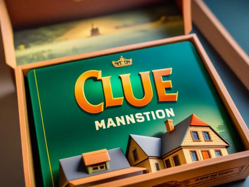 Detalle del icónico juego de mesa Clue, con ilustraciones detalladas de la mansión, personajes y armas, en un estilo vintage y misterioso