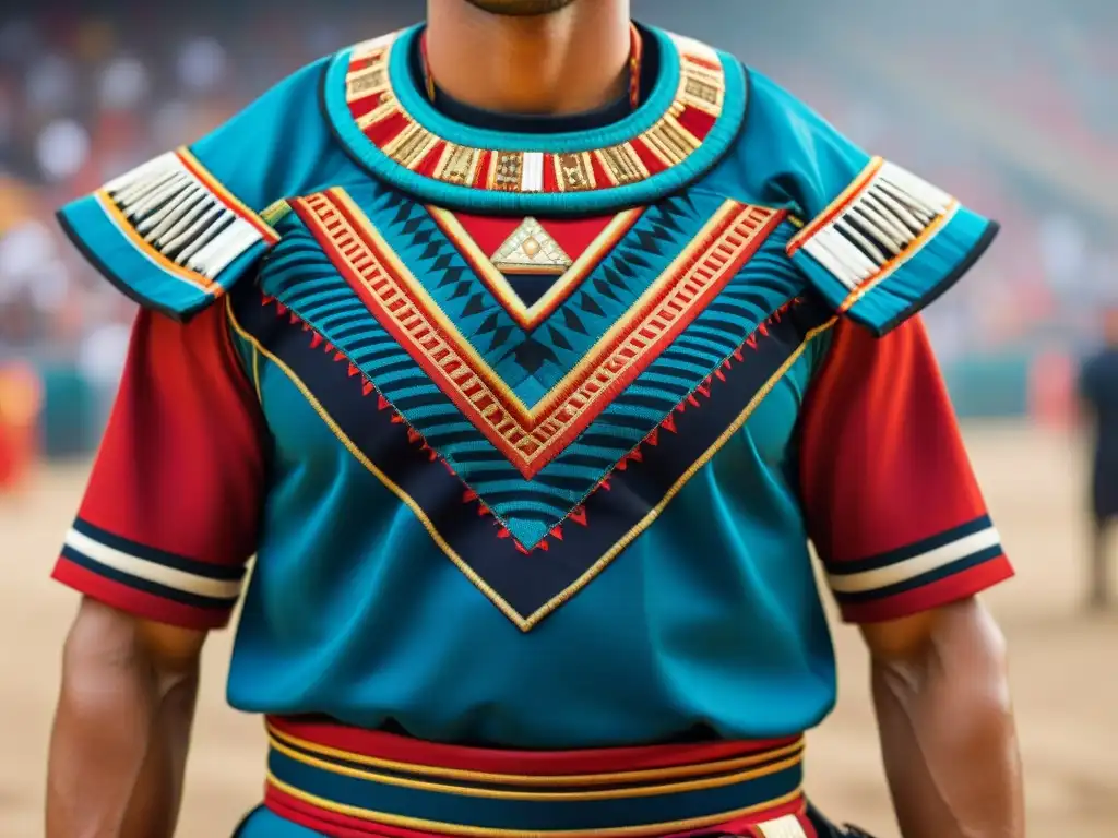 Detalle impactante de un uniforme de guerrero azteca con vibrantes tonos de rojo, azul y oro