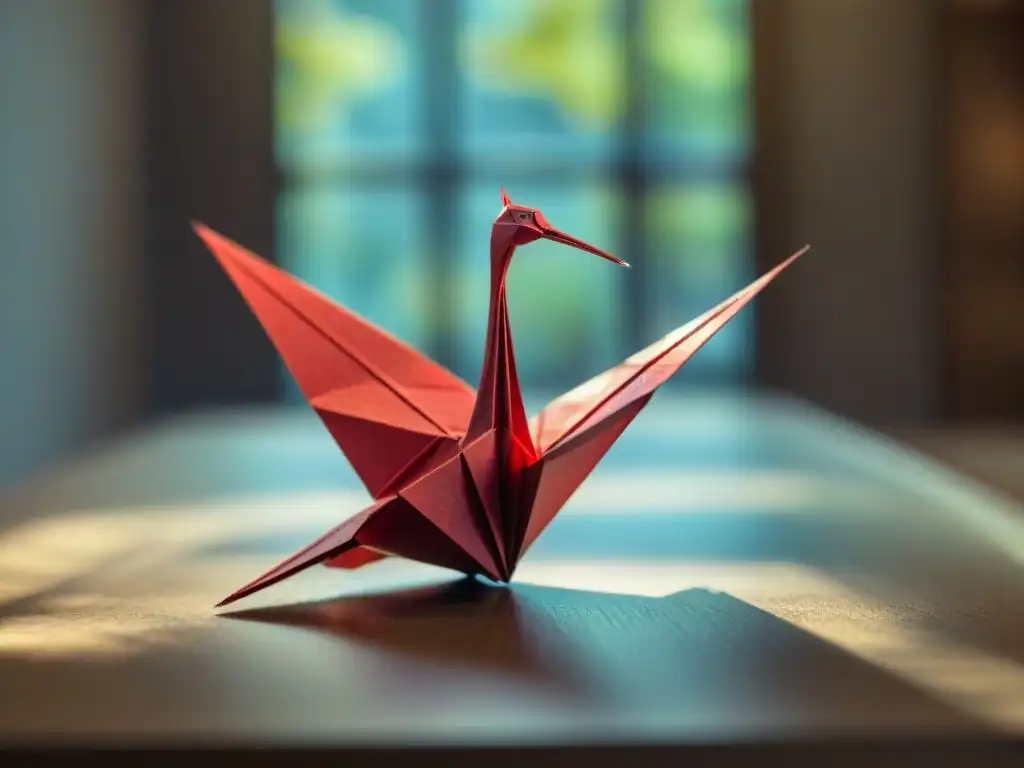 Detalle impresionante de una grulla de origami roja, iluminada por la luz natural