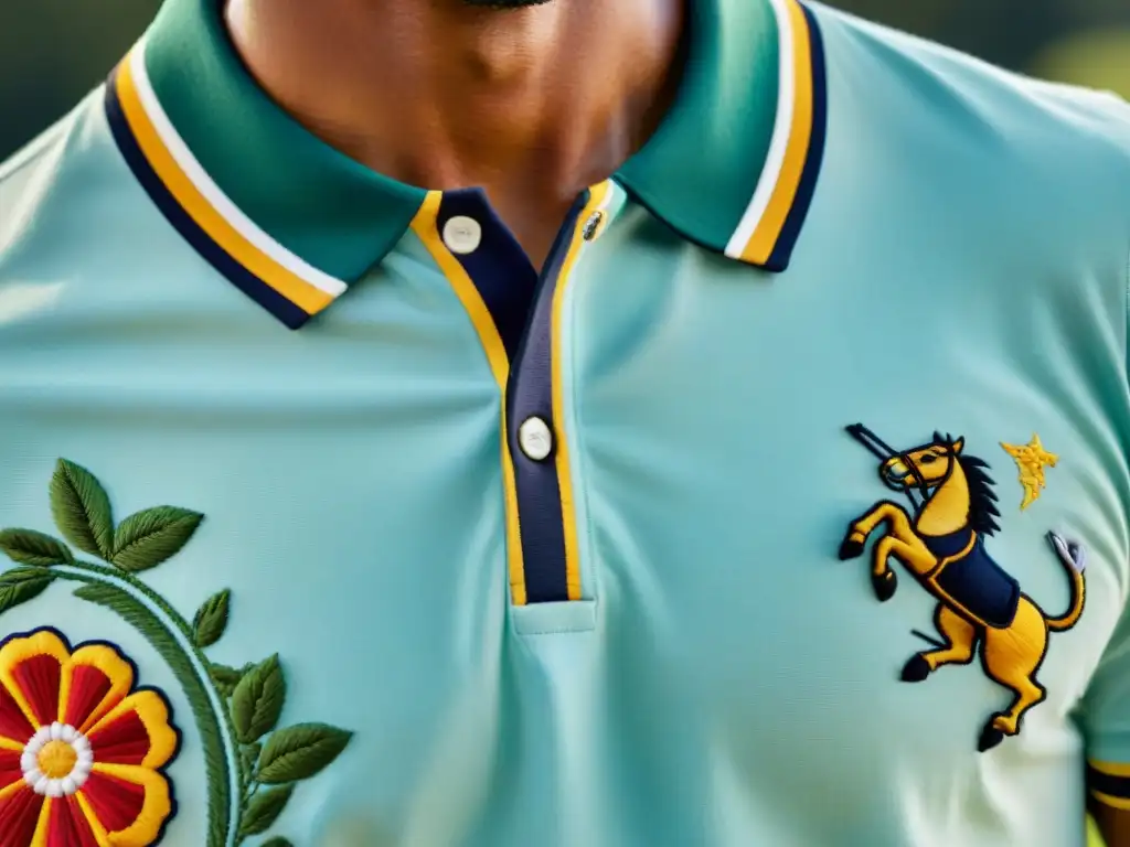 Detalle intrincado del bordado en una camisa de polo tradicional, reflejando la elegancia y artesanía de la indumentaria elegante en el polo