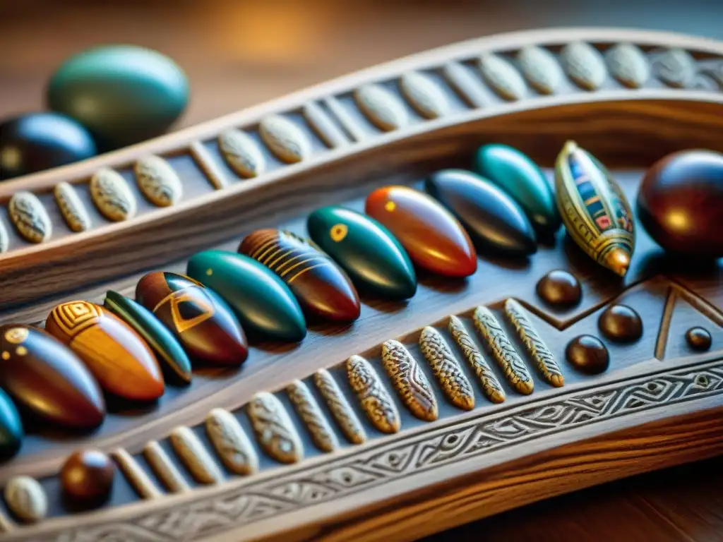 Detalle intrincado de tablero de mancala africano con patrones tallados a mano, reflejando la herencia lúdica de África