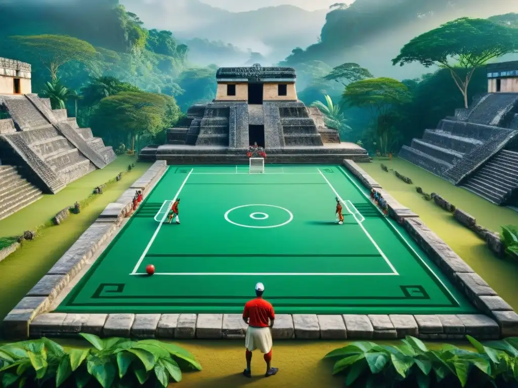 Detalle del Juego de Pelota Maya rodeado de selva, destacando la historia de los deportes y culturas del mundo