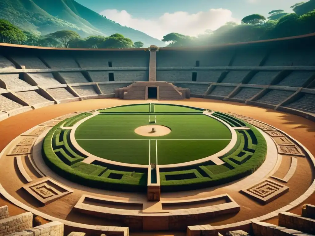 Detalle asombroso de un juego de pelota mesoamericano en 8k Detalle 8k de un juego de pelota mesoamericano con aros de piedra imponentes y naturaleza vibrante