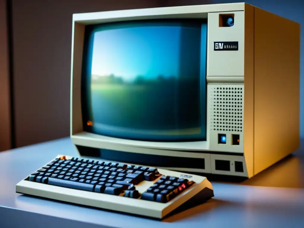 Detalle del icónico PC IBM 5150 beige con logo de IBM y teclado clásico