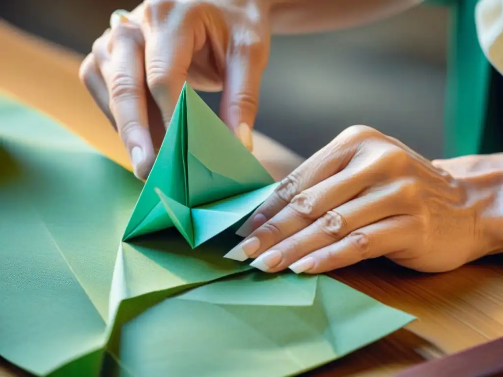 Detalle de las manos de un artesano japonés creando una grulla de origami, resaltando la historia del origami en Japón