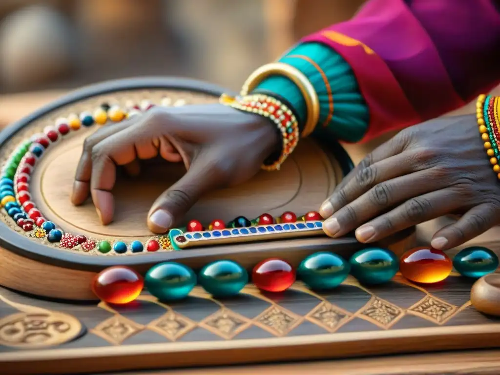 Detalle de manos moviendo cuentas en tablero de Mancala, resaltando la riqueza cultural de África