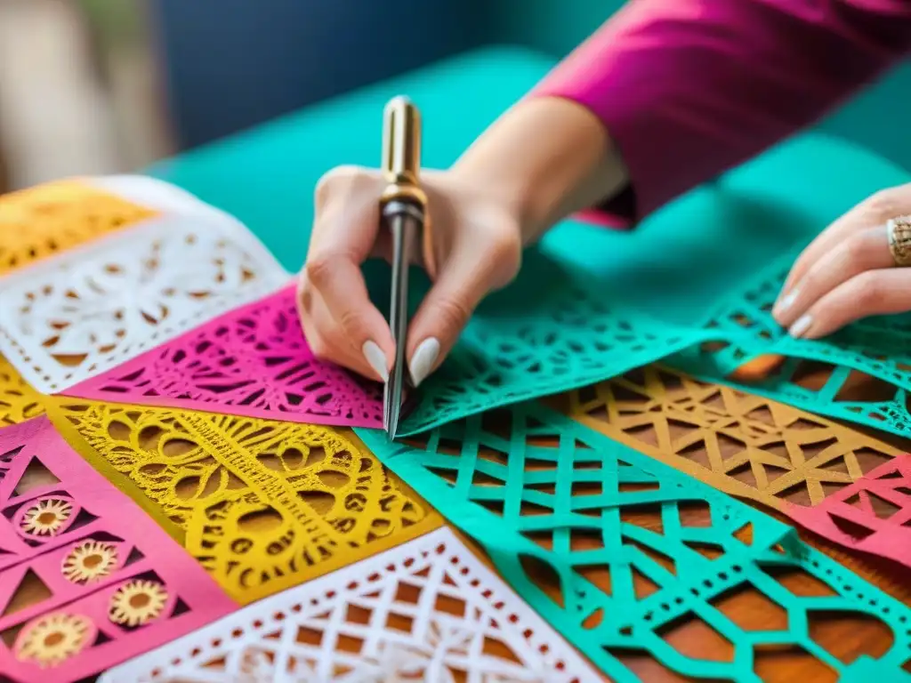 Detalle de manos expertas cortando papel picado en juegos tradicionales con precisión artística y concentración