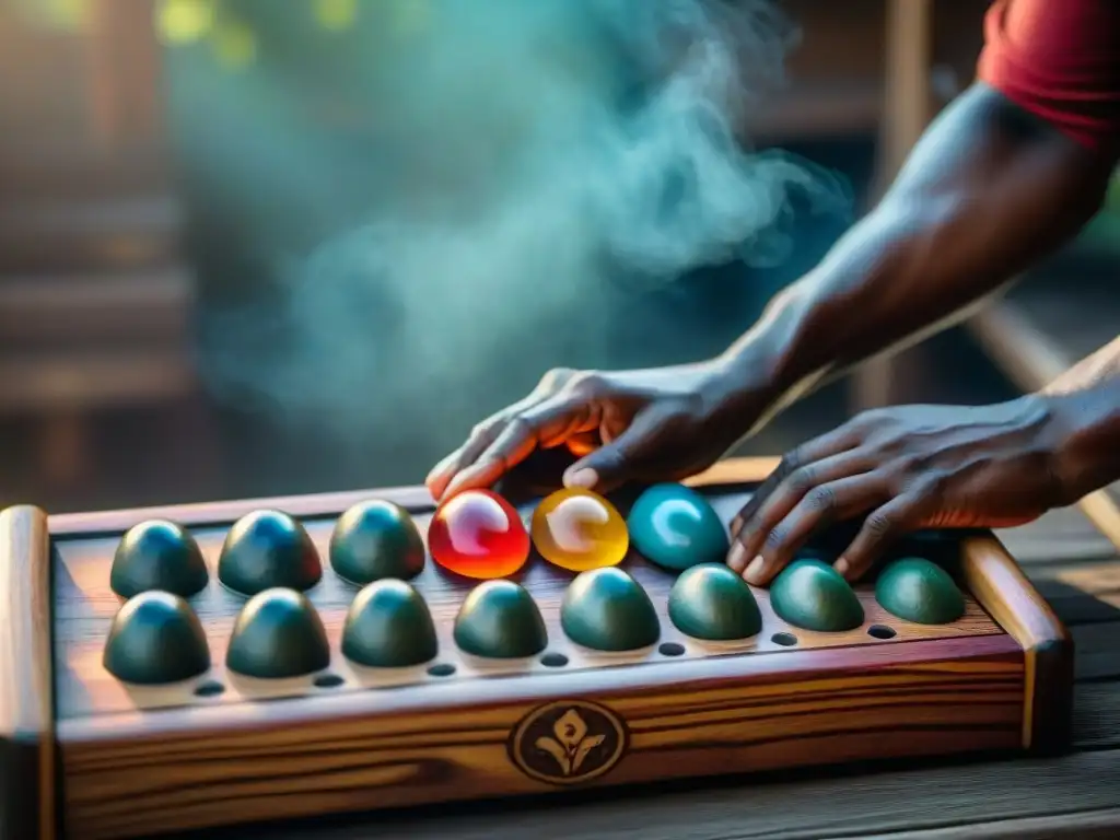 Detalle de dos manos moviendo piedras coloridas en un tablero de Mancala, mostrando la estrategia del juego africano