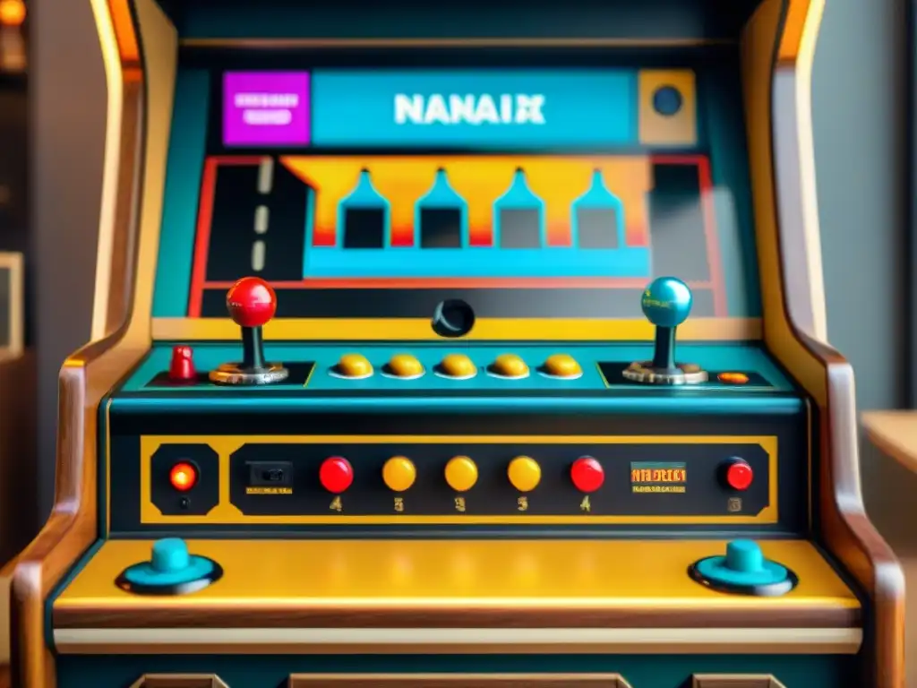 Detalle de una máquina arcade vintage con botones, joystick y arte colorido