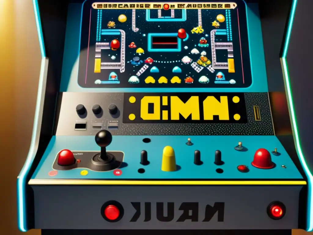 Detalle de máquina arcade vintage con versiones raras juegos clásicos digitalizados en ambiente misterioso y nostálgico