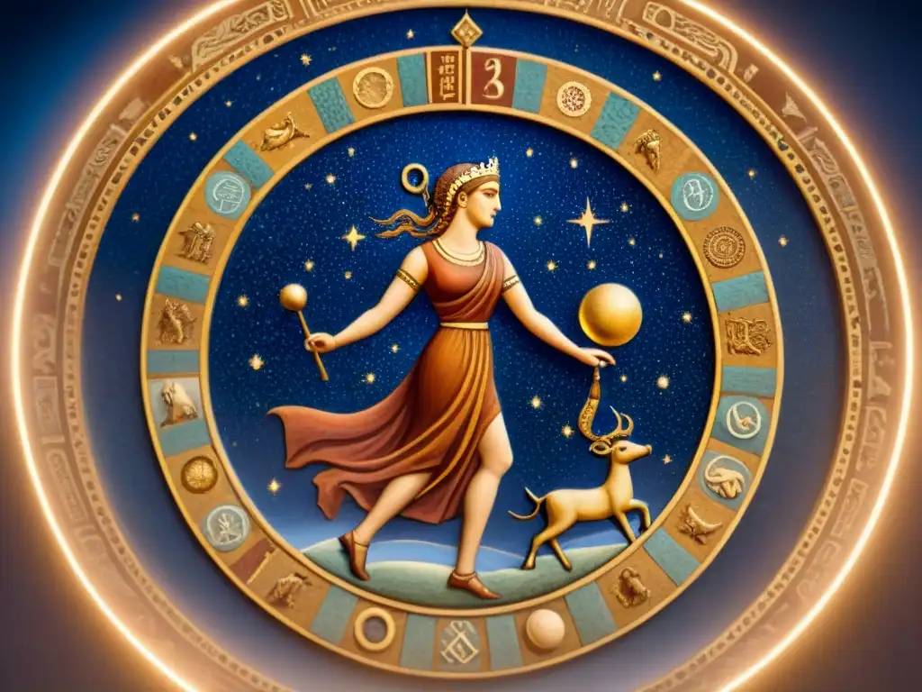 Detalle de mosaico: juegos de azar en la antigüedad bajo un cielo estrellado, entrelazando astrología y apuestas