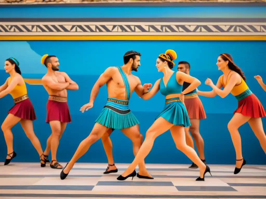 Detalle de mosaico con bailarines en Grecia antigua, reflejando la historia del baile en culturas