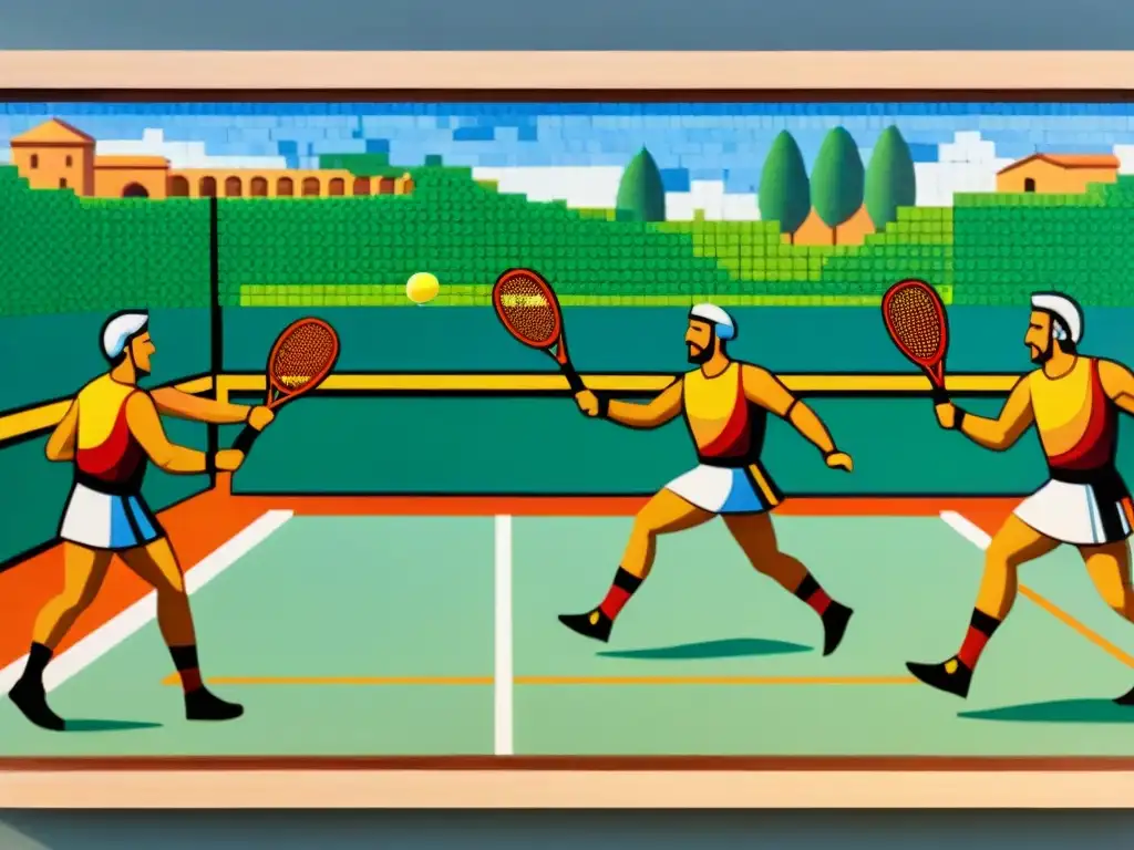 Detalle de mosaico romano mostrando un animado partido de tenis entre nobles, con espectadores entusiastas