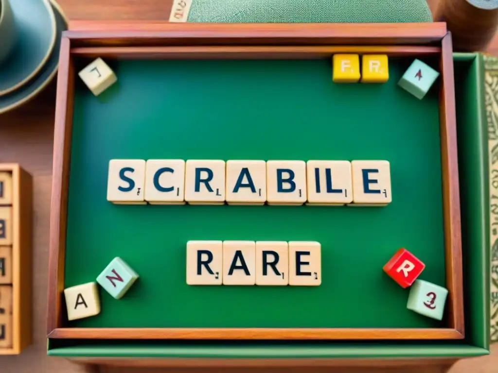 Detalle nostálgico de un Scrabble vintage con la palabra 'RARE' en piezas únicas