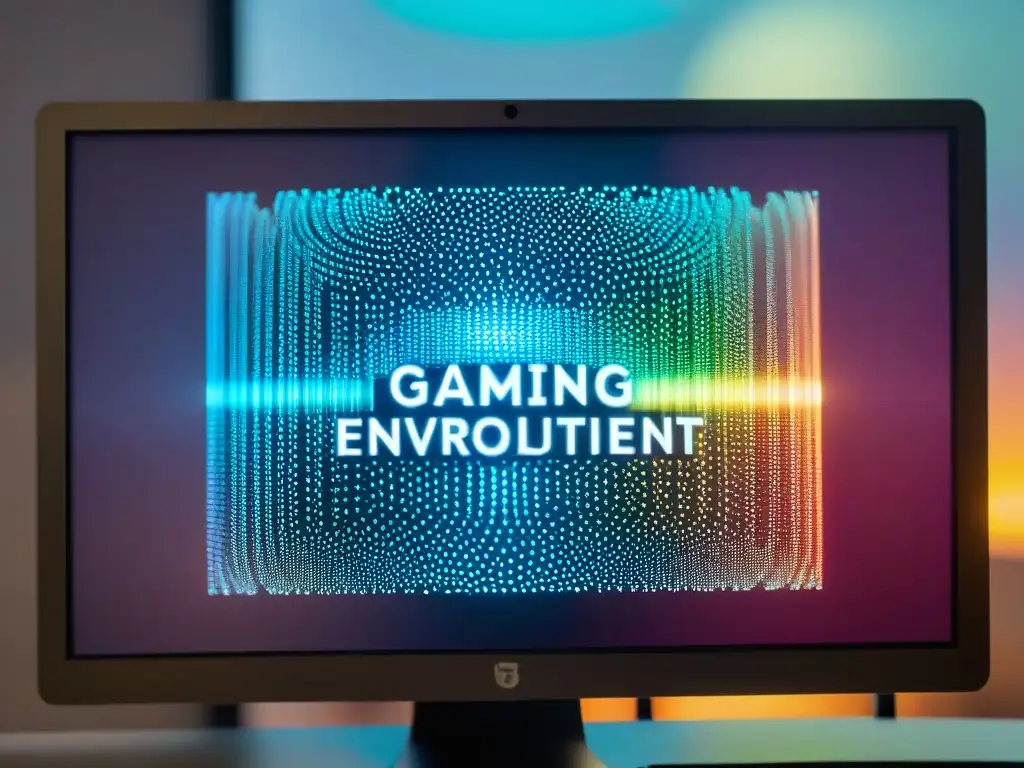 Detalle de pantalla con IA personalizando entorno de juego virtual, código y visualizaciones de datos