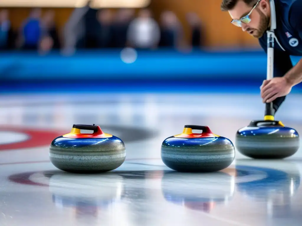 Detalle de piedras de curling alineadas en la pista de hielo con un equipo borroso al fondo