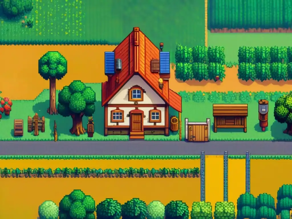 Detalle pixel art de Stardew Valley con granja animada y diseño de personajes encantador
