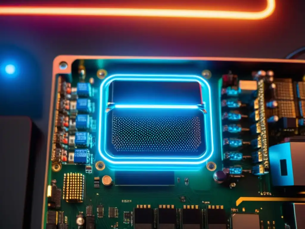 Detalle de placa base de gaming con luces LED y circuitos, en un setup futurista