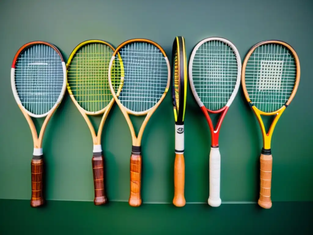 Detalle de la evolución de raquetas de tenis a lo largo de la historia, desde madera medieval hasta alta tecnología actual