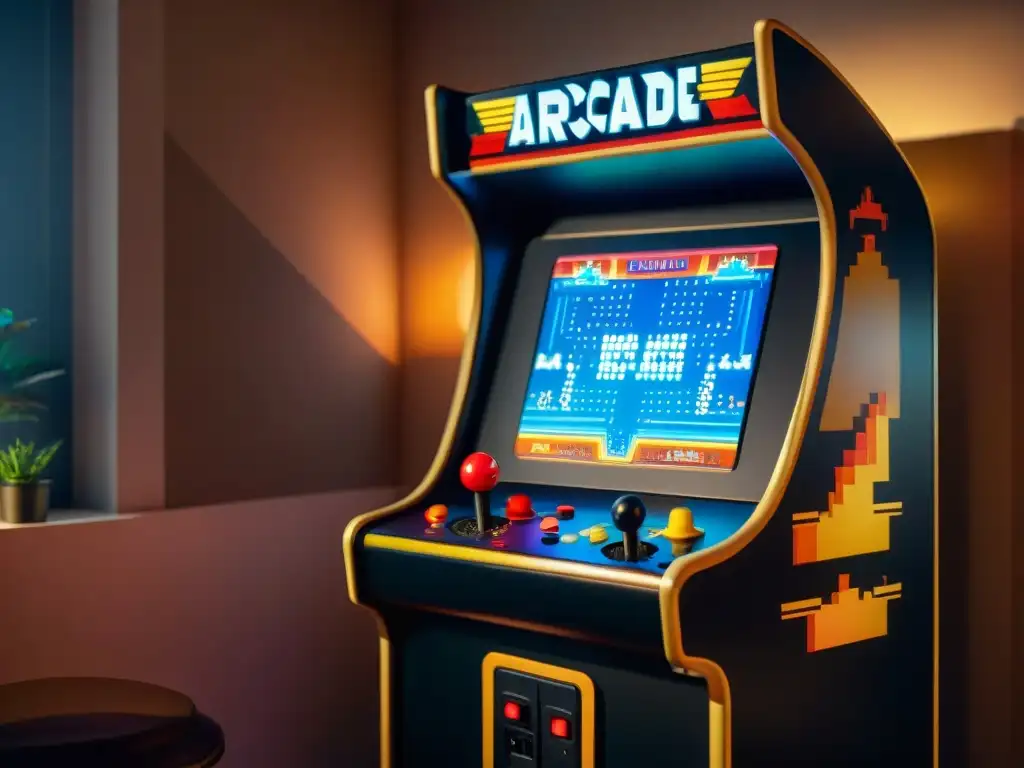 Detalle retro de máquina arcade iluminada en habitación tenue, con botones y joystick desgastados