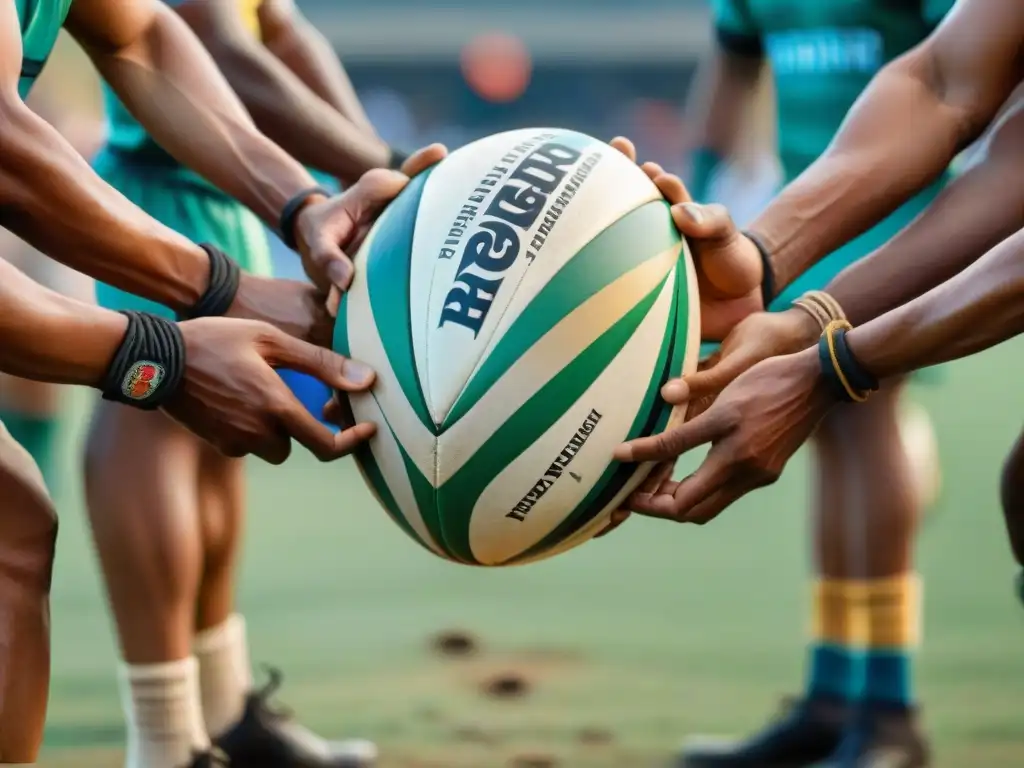 Detalle del Rugby Sagrado Manipur: manos de jugadores en intenso juego, diseño tejido en bola tradicional y enfoque en rostros concentrados