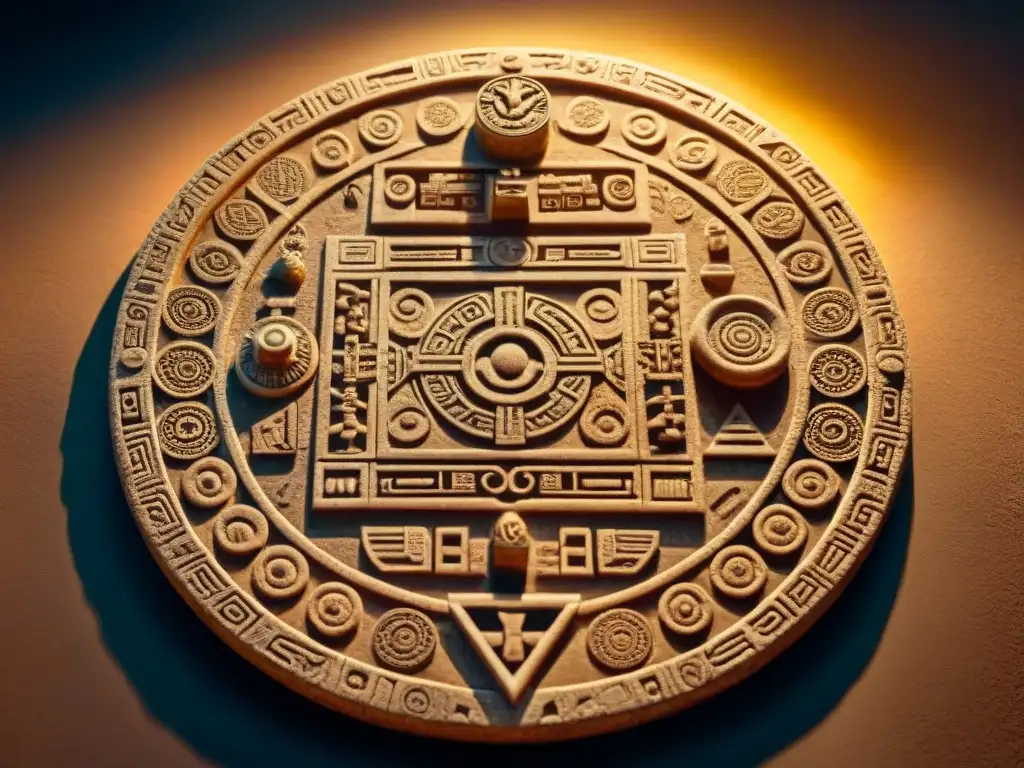 Detalle de tablero de juego de piedra azteca con grabados de figuras mitológicas, en sitio arqueológico iluminado