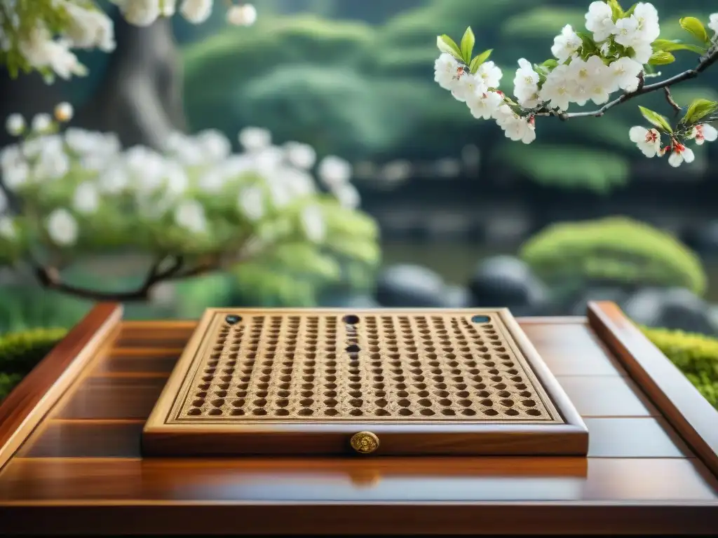 Detalle de un tablero de Go tradicional en un jardín japonés con flores de cerezo cayendo, reflejando la cultural 'Origen del Go en Asia'