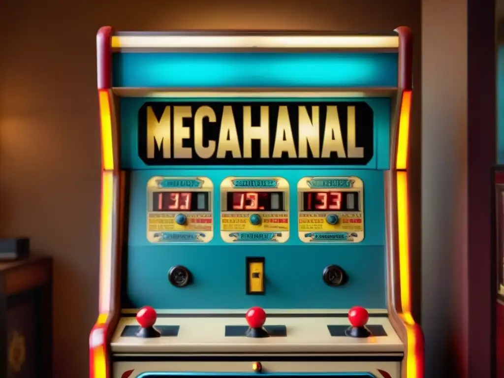 Detalles fascinantes de juego arcade mecánico vintage de los años 40 Detalle ultrapreciso de un juego mecánico antiguo en museo, con intrincados engranajes y colores vivos