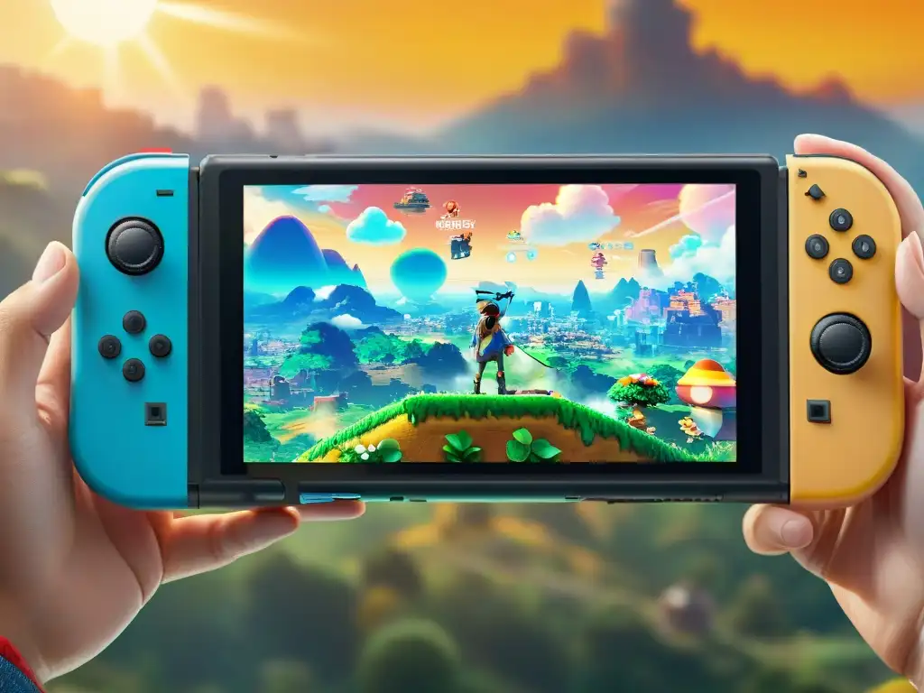 Detalle vibrante de Nintendo Switch Lite y Switch OLED juntas, con juegos clásicos de Nintendo