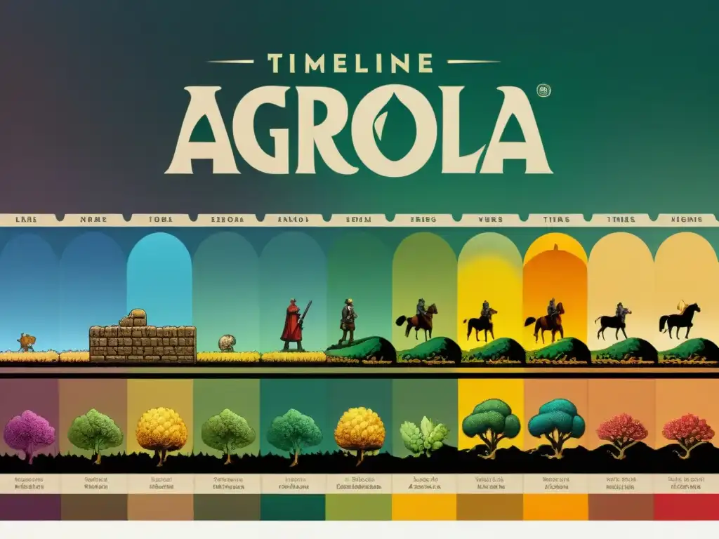 Detalle vibrante de la evolución de Agricola a lo largo de los años, ilustrando su historia con colores y detalles intrincados