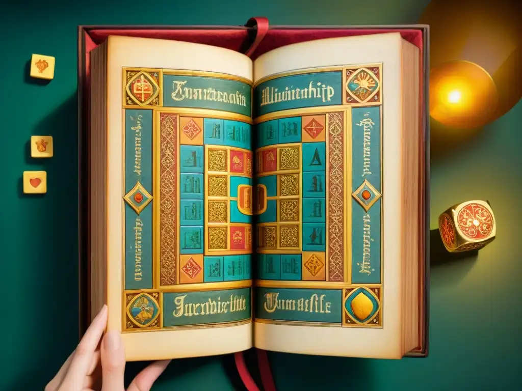 Detalle vibrante de manuscrito medieval iluminado del 'Juego de la Oca', con ilustraciones históricas y místicas