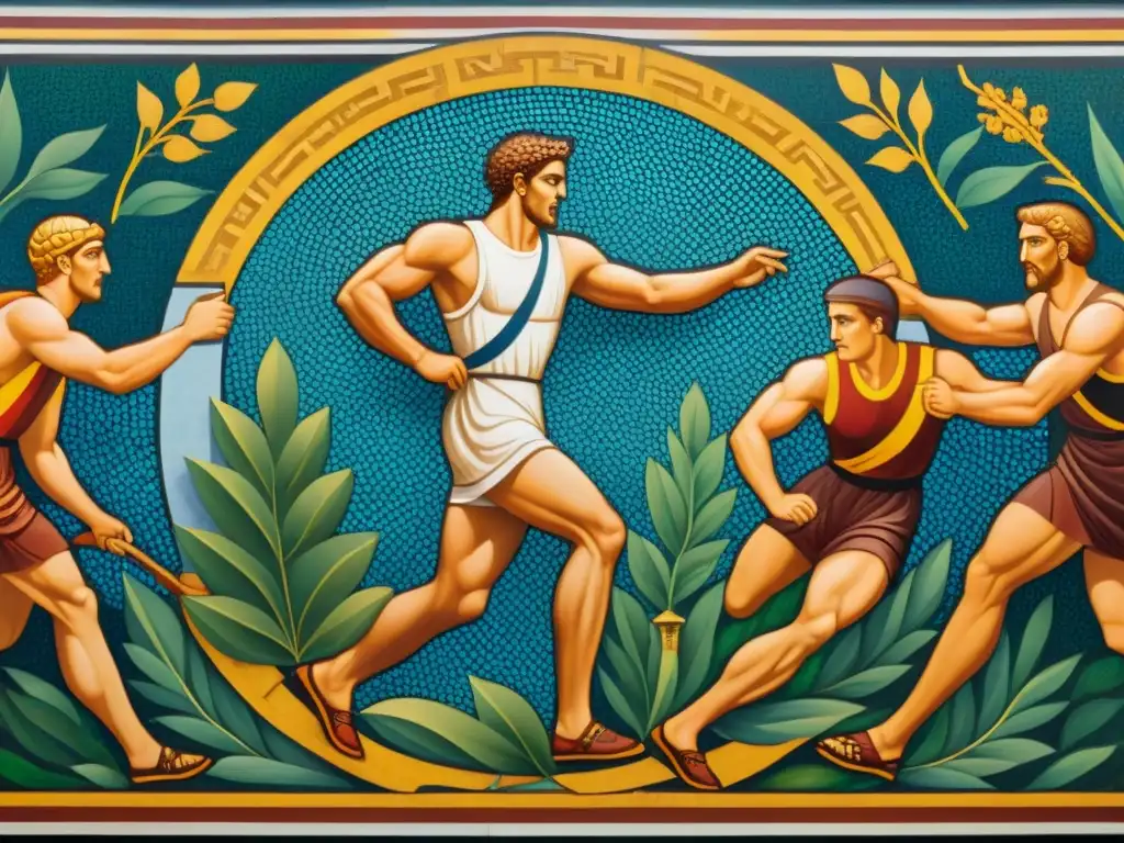 Detalle vibrante de mosaico de los Juegos Olímpicos en la antigua Grecia: atletas compitiendo rodeados de espectadores y laureles