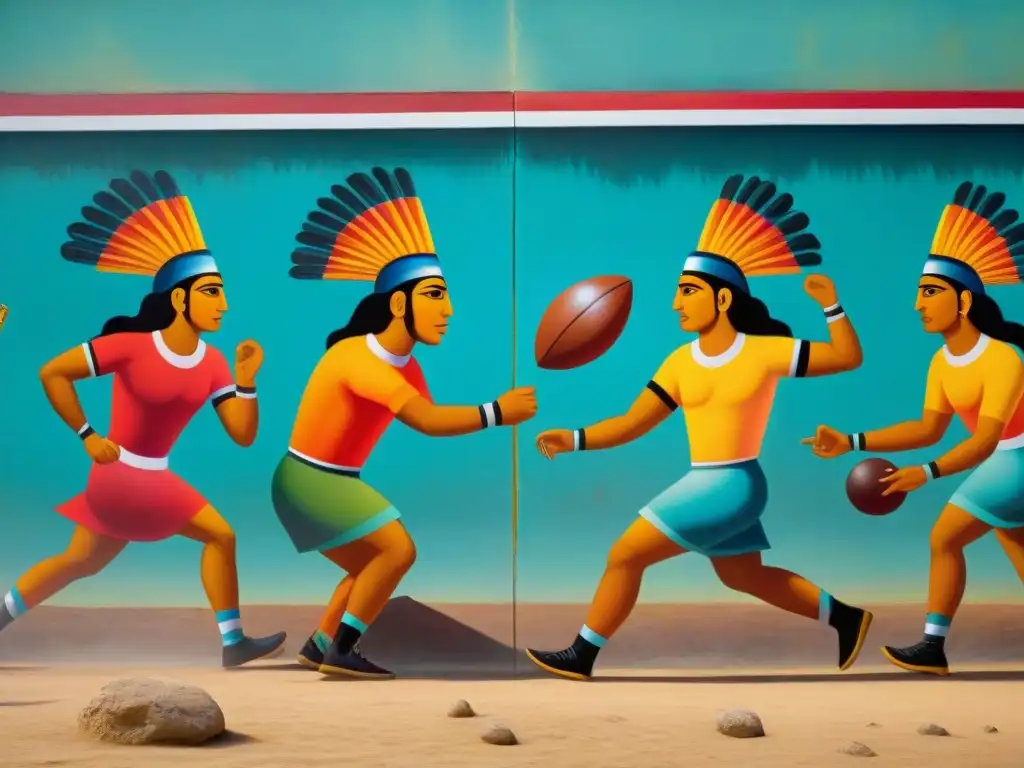 Detalle vibrante de mural mesoamericano: historia juego pelota mesoamericana ritual en escena de competencia y espectadores asombrados