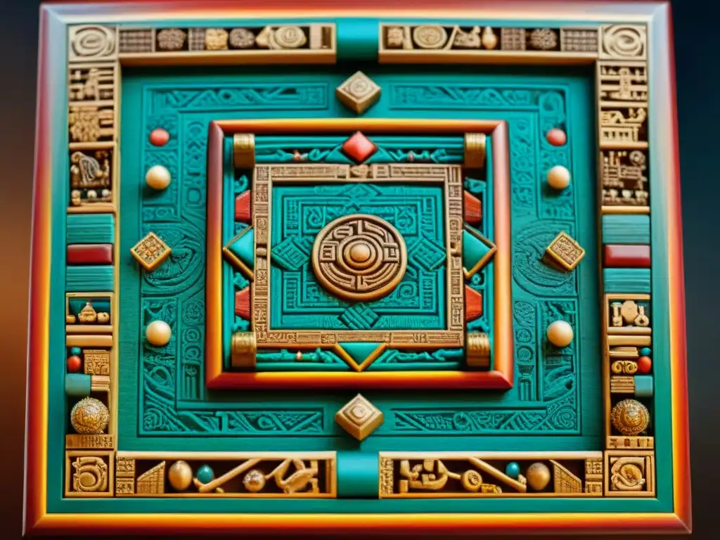 Detalle vibrante del tablero de juego Patolli azteca, con símbolos y colores vivos que cuentan una historia de estrategia y suerte