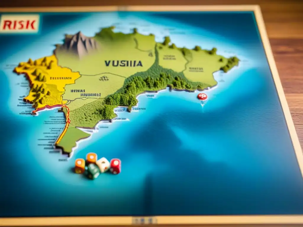 Detalle vívido del tablero clásico del juego Risk de 1959, resaltando su diseño cartográfico y colores vibrantes