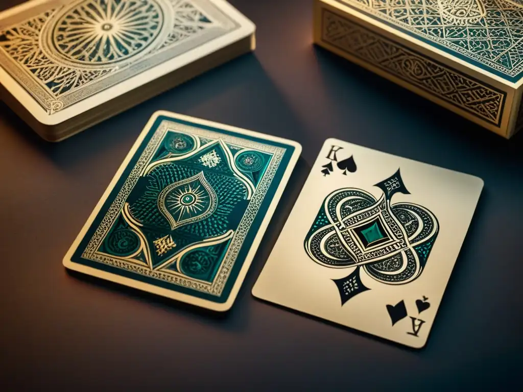 Detalles fascinantes de cartas juego Mamluk, con patrones geométricos y colores vibrantes en fondo oscuro