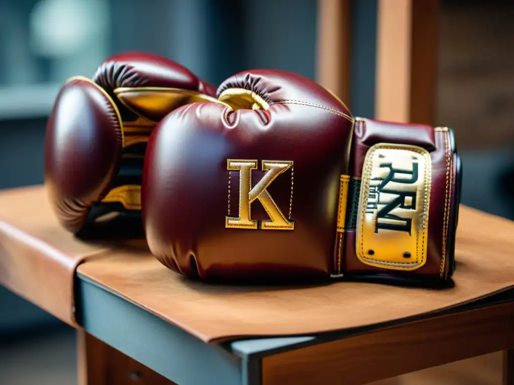 Detalles de guantes de boxeo artesanales en taller rústico