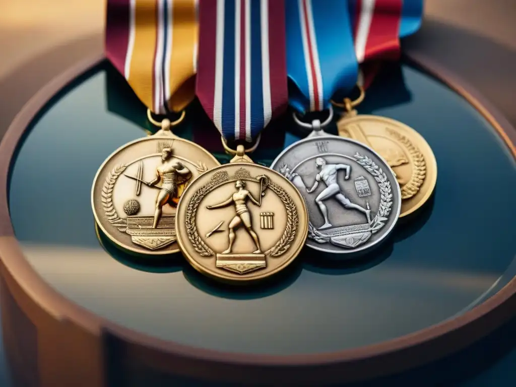 Detalles históricos: medallas deportivas y trofeos antiguos con grabados y símbolos, resplandecen en luz suave