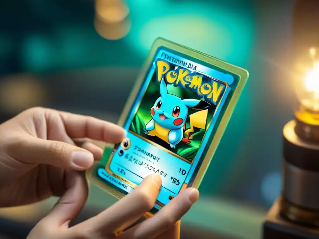 Detalles holográficos brillantes en una rara carta de Pokémon vintage, resaltando su valor en el mercado de juegos coleccionables rareza