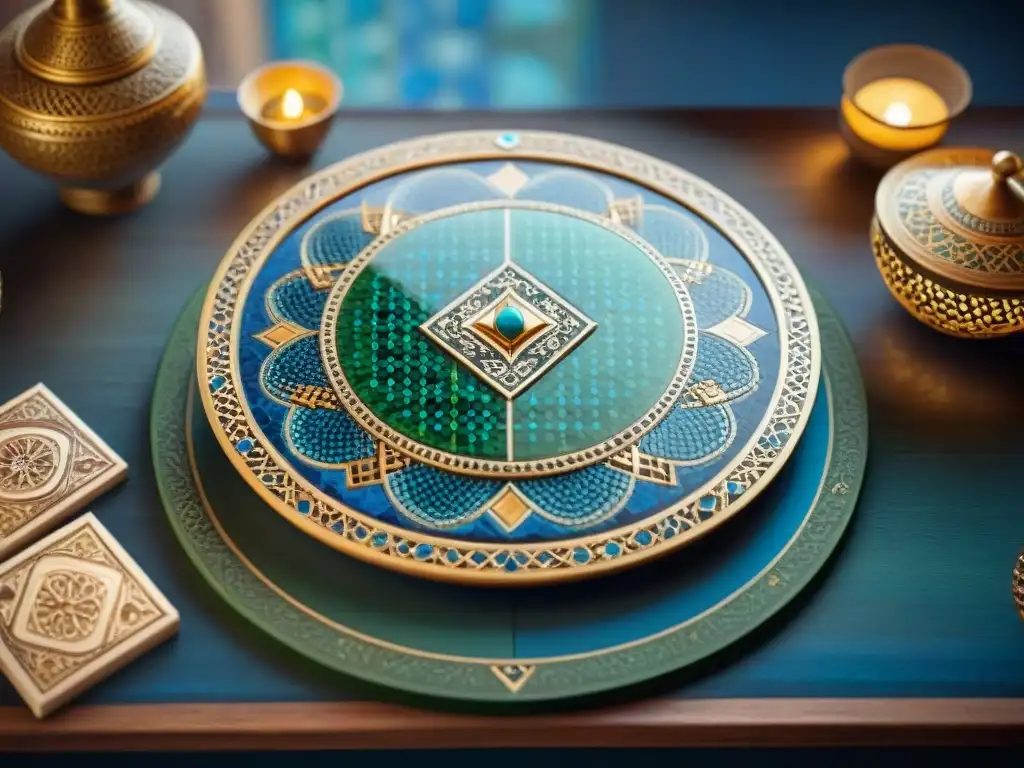 Detalles de mosaico en una mesa con juegos de adivinanzas en Oriente, en un bullicioso bazar nocturno