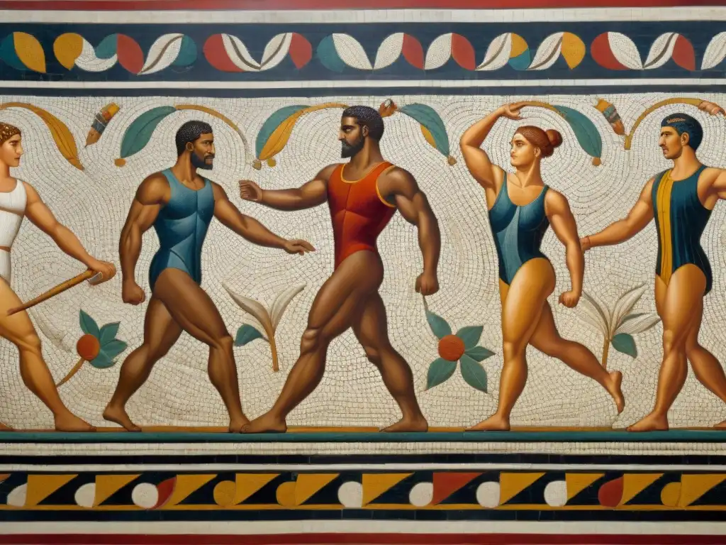 Detalles de un mosaico romano mostrando la evolución de la gimnasia en cultura a través de atletas en diversas actividades físicas