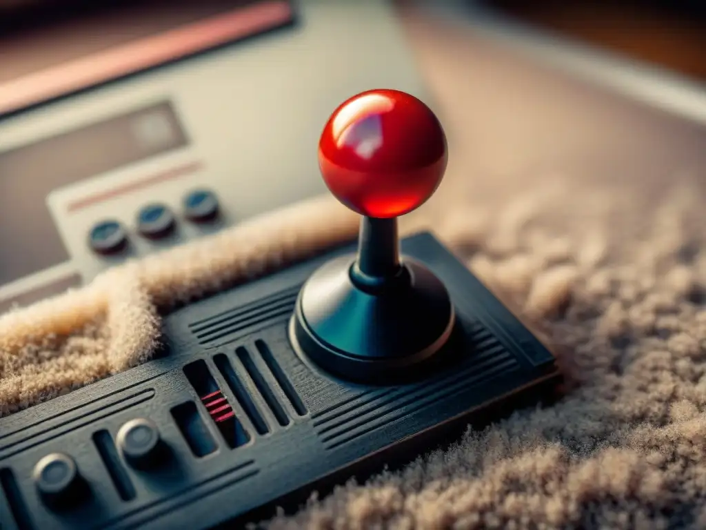 Detalles nostálgicos de un joystick vintage de Atari 2600, desgastado por el tiempo, iluminado suavemente